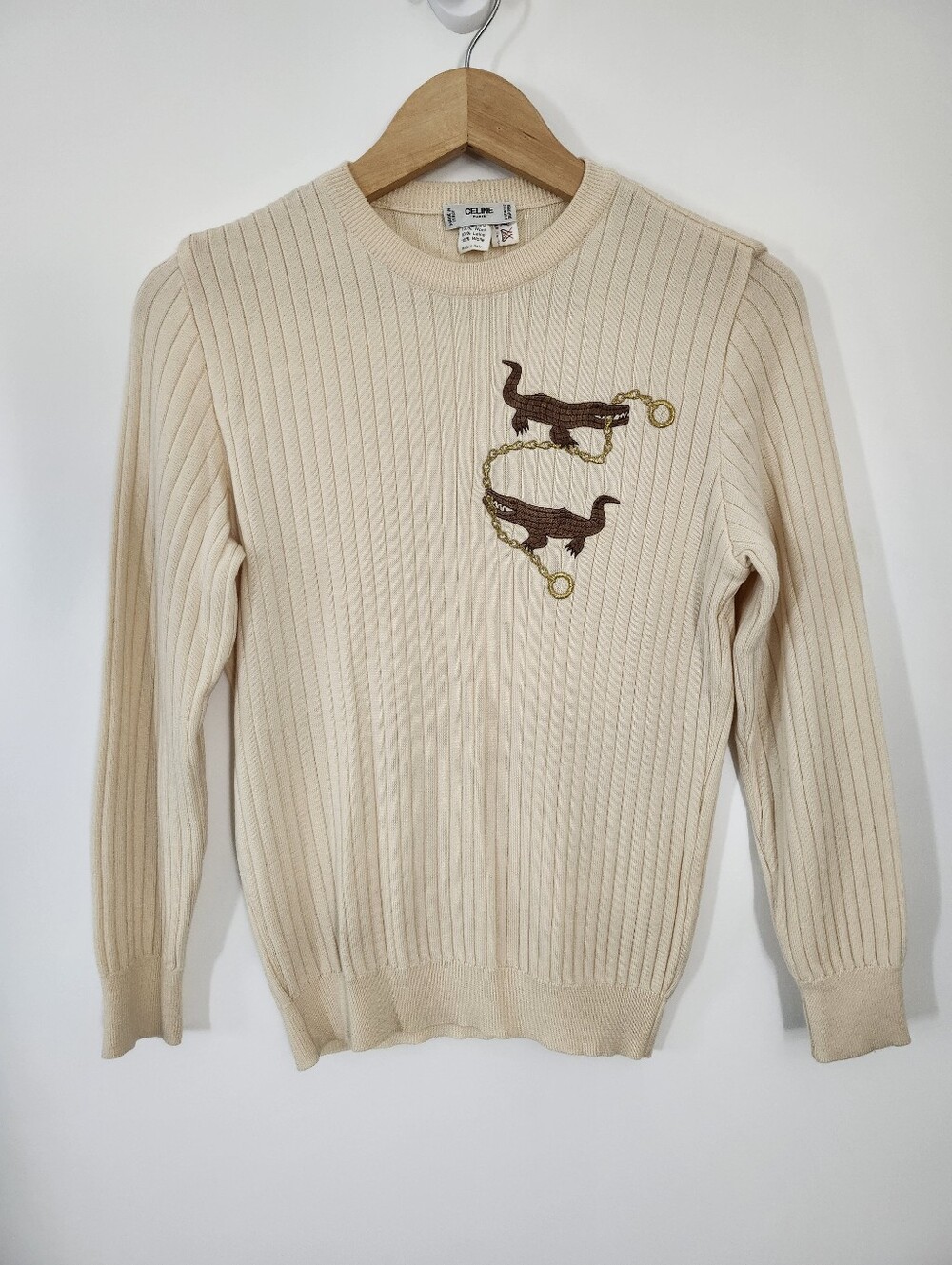 Vintage Celine Paris Cream Wool Ribbed Sweater Embroidery Italy 40 Quiet Luxury